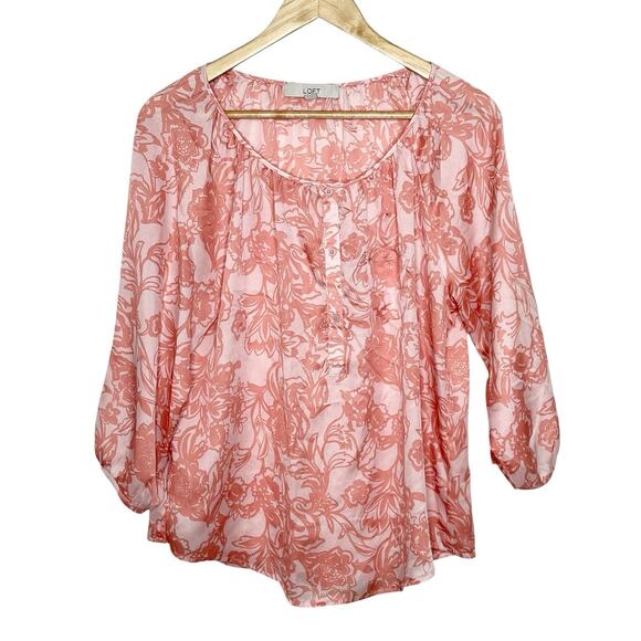 Loft Floral Chiffon Blouse Top Pink Womens Size M Sheer Popover Work Pastel - Picture 1 of 8